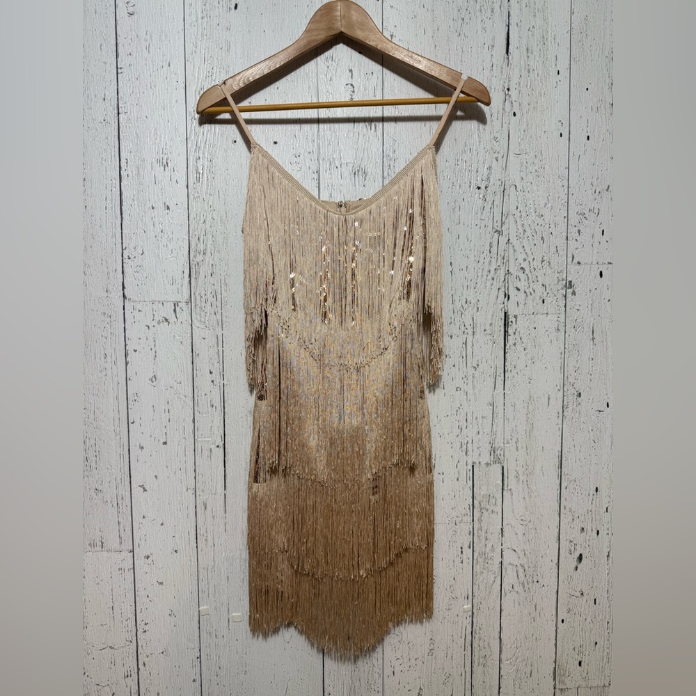 Lulu's Get in the Groove Champagne Sequin Fringe Bodycon Dress